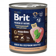 Консервы Brit Premium by Nature Индейка и Утка для взрослых собак всех пород, 850 гр