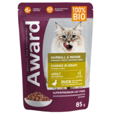AWARD Hairball & Indoor для выведения шерсти у взрослых домашних кошек кусочки в соусе с уткой 85 г