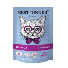 BEST DINNER Exclusive Vet Profi Urinary для взрослых кошек для профилактики мочекаменной болезни с курицей кусочки в соусе 85 г