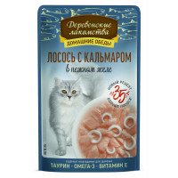 ДЕРЕВЕНСКИЕ ЛАКОМСТВА Домашние обеды для кошек лосось с кальмаром в нежном желе 70 г