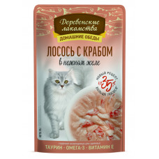 ДЕРЕВЕНСКИЕ ЛАКОМСТВА Домашние обеды для кошек лосось с крабом в нежном желе 70 г