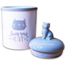 КерамикАрт Бокс керамический для хранения корма Hug your cat,1650мл,бело-серый