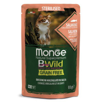 Monge Cat Bwild Grain free пауч для стерилизованных кошек из лосося с креветками,85 гр