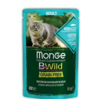 Monge Cat Bwild Grain free пауч для взрослых кошек треска с креветками и овощами,85 гр