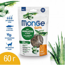 Monge Gift Skin support для кошек Хрустящие подушечки с начинкой с треской и алоэ вера для здоровой кожи 60 г